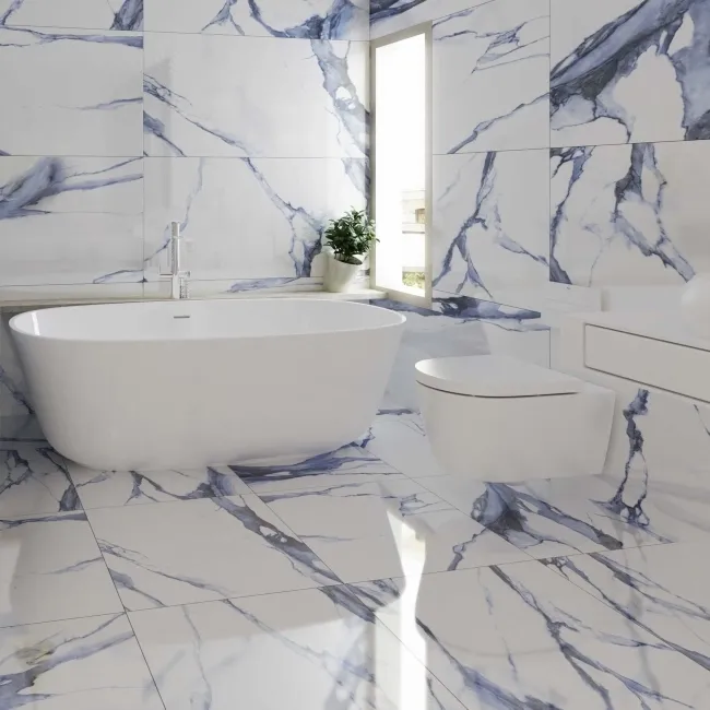 Calacatta Blue Marble Effect Polished Porcelain Floor Tile