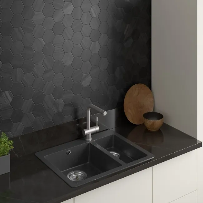 Lithos Dark Grey Hexagon Matt Marble Effect Porcelain Wall and Floor Tile